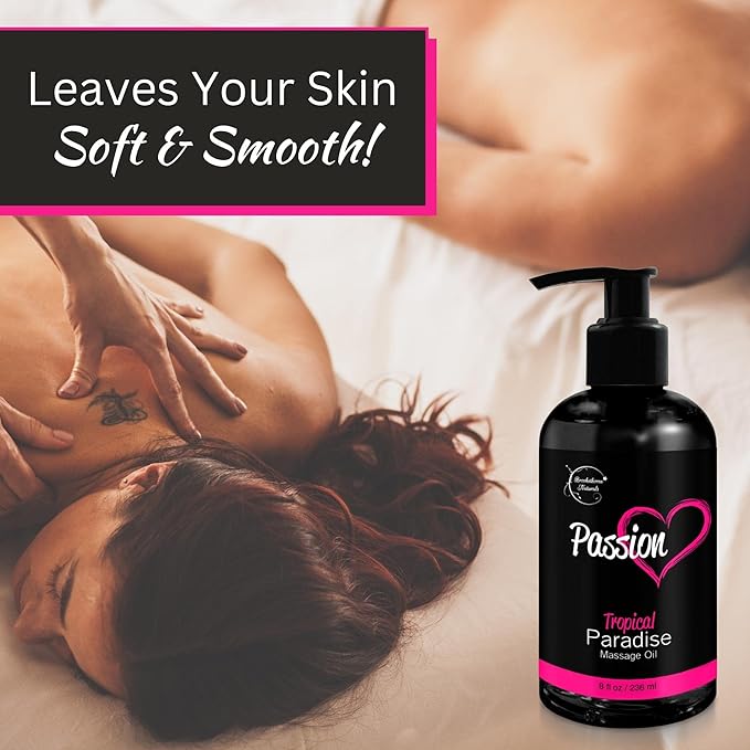 Passion Massage Oil for Date Night | Set of 2 Massaging Oils Lemon Crème & Tropical Paradise | All Natural with Almond & Jojoba | for Women & Men | Perfect for Full Body Relaxation & Aromatherapy