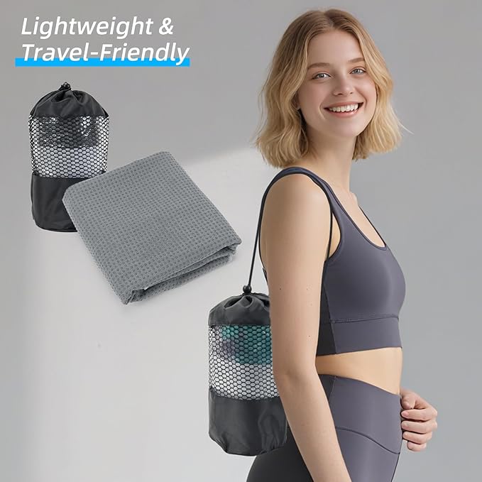 YESLIFE Non-Slip Extra Thick Hot Yoga Towel with One Sweat Towel, Microfiber Sweat Absorbent Yoga Mat Towel with Grip Dot, Pilates Mat, 72" x 24", Grey