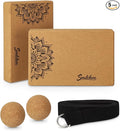Soulchen 5 Pack Yoga Accessories for Women Set Yoga Block 2 Pack with Strap Massage Ball for Meditation Pilates Cork Blocks Stretching Home Gym Natural High-Density, 12"x8"x2"