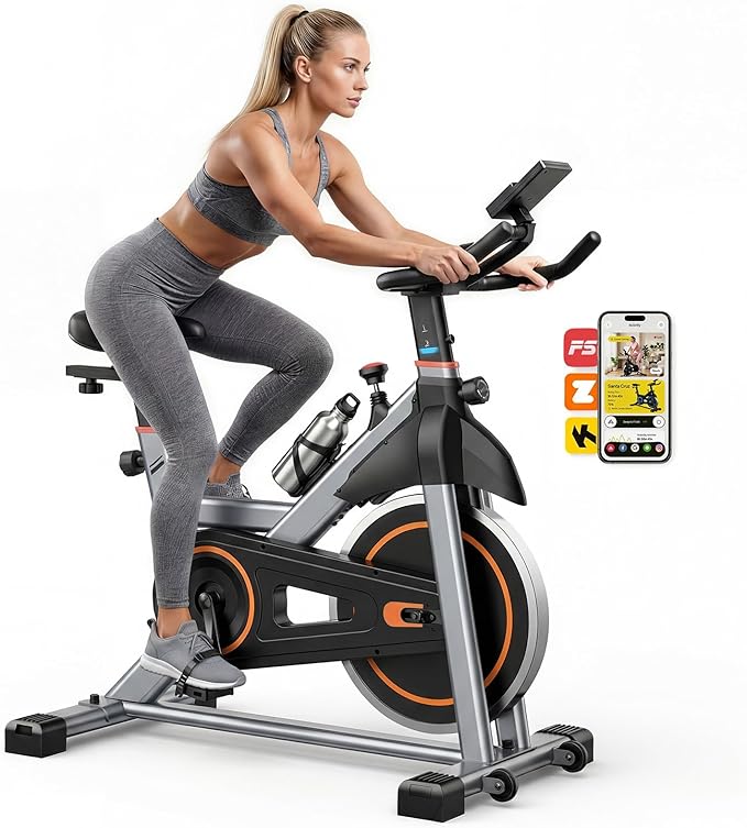 OLIXIS Exercise Bike with APP Control, Brake Pad Stationary Bikes with Quiet Magnetic Resistance, Indoor Cycling Spin Workout Bike with 300.0 lbs Weight Capacity
