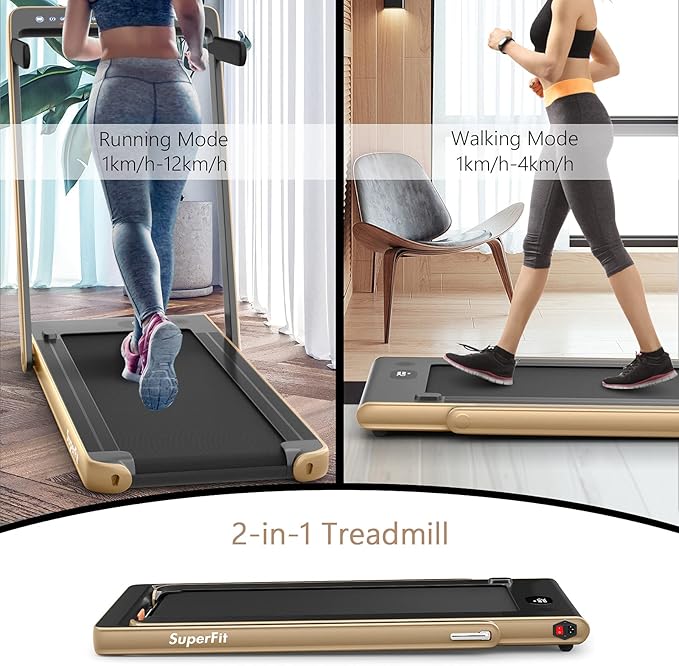 Goplus 2 in 1 Folding Treadmill with Dual Display, 2.25HP Superfit Under Desk Electric Pad Treadmill, Installation-Free, Blue Tooth Speaker, APP Control, Remote Control, Walking Jogging for Home