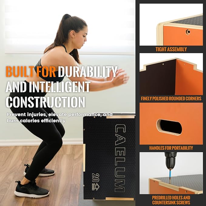 CAELUM 3-in-1 Wood Plyo Box - Non-Slip Plyometric Jump Box for Home & Gym, 400lbs Bearing Fitness Launch Box for Jumping Squats Step-ups Strength Training