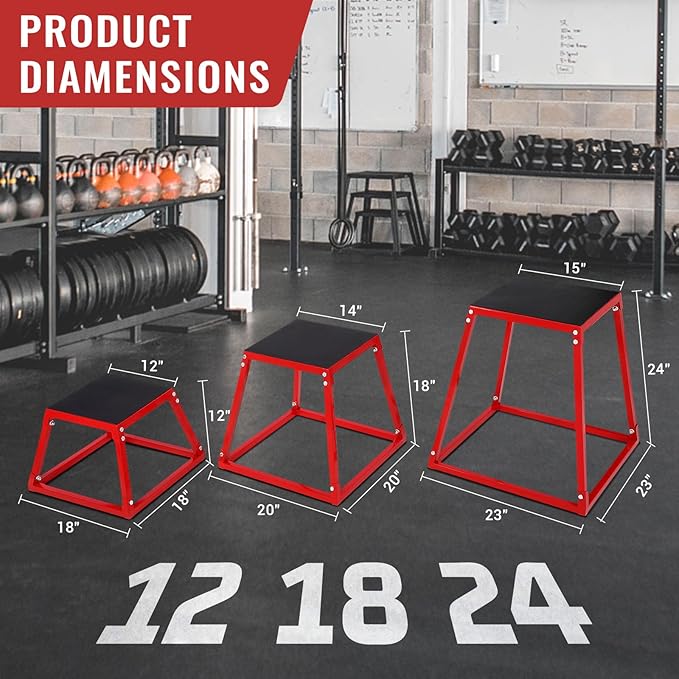 Heavy-Duty Steel Plyometric Jump Box Set, 12” 18” 24” Square Jumping Trainer with Non-Slip Rubber Top, Stackable Home Gym Fitness Equipment for Strength Training & Conditioning