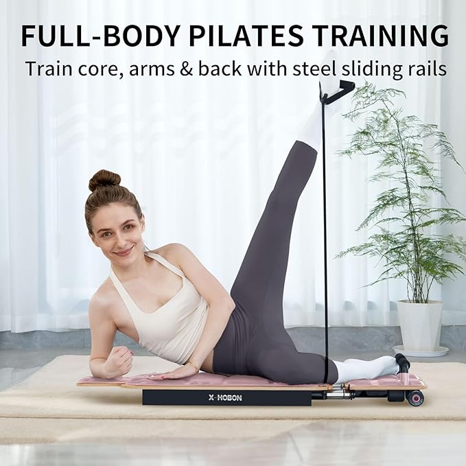 Pilates Board Reformer for Home Workout, Reformer Board, Glide Board, Sliding Rails, Maple Wood Deck & High-Strength Steel Rails, Adjustable Resistance Bands, PU Wheels, Quick Assembly