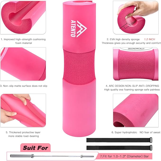 ATENTO 10Pcs Barbell Pad Set with Weight Lifting Belt, Thick Cushion Hip Thrust Pad for Bench Press, Lunges, Workout, Leg Exercise, Squat Bar Pad for Relief Pressure from Neck & Shoulder for Smith machine & Olympic Bars, with 2 Gym Ankle Straps, Hip Re...