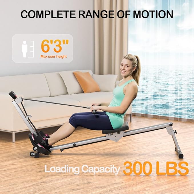 Foldable Rowing Machine for Home Use, Hyper-Quiet Rower with LCD Monitor, 300LBS Capacity Compact Home Rowing Machines