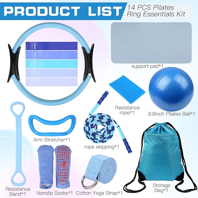 15 Pcs Home Pilates Essentials Kit for Women,Pilates Kit with 9 Inch Yoga Ball,Pilates Ring,Resistance Bands,Jump Rope,Workout Sets for Women,Pilates Equipment Set for Starter Toning Workout at Home