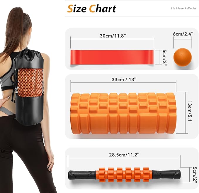 5-in-1 Foam Roller Set for Deep Tissue Muscle Massage, Trigger Point Fitness Tool with Muscle Stick Roller, Massage Ball, Stretching Strap for Whole Body (Orange-New)