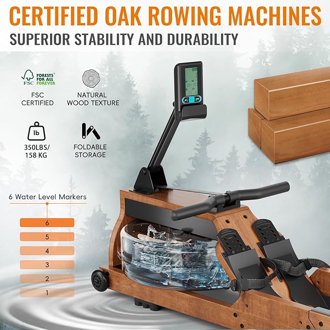 Water Rowing Machine for Home Use, WENOKER Wooden Foldable Rower Machine with Dedicated Monitor & Bluetooth APP, Large Water Tank & Comfortable Seat for Immersive Water Rower, 350LBS Weight Capacity