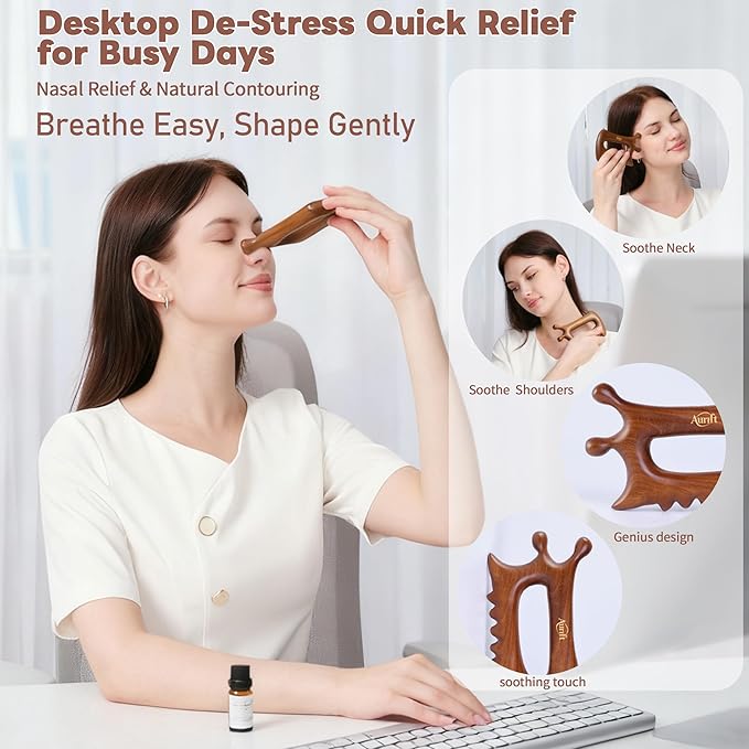 Wooden Gua Sha Massage Tool for Face & Body – Dual Trigger Point Acupressure Massager for Nose & Eye Area, Manual Muscle Scraper with Ergonomic Grip for Jawline & Neck Relief in Gift Box