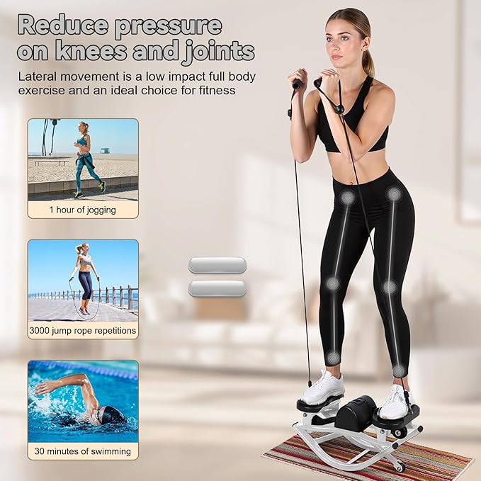 Rock Stepper Side to Side Lateral Rocking Fitness Stepper, Low-Impact Stair Step Workout Machine with Resistance Bands & LCD Monitor for Home Gym, 15 Minutes for Full Body Workout