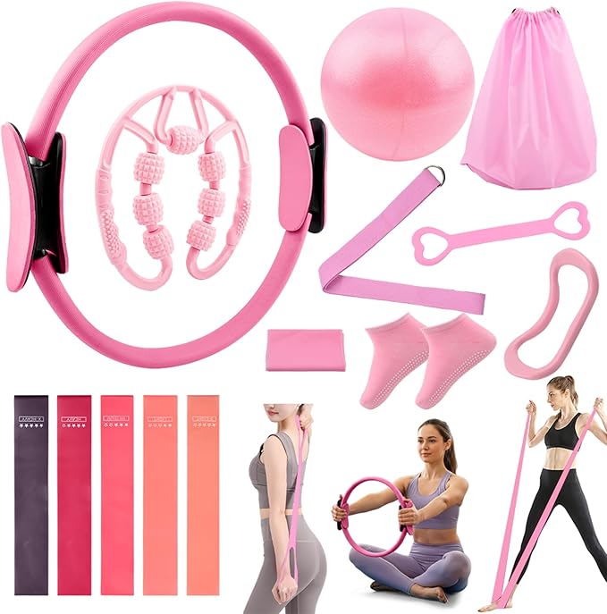 Pilates Essentials Kit for Women, 14 Pcs Pilates Equipment for Home Workouts with Yoga Circle Ball Ring, 5 Resistance Bands,Pedal Puller Resistance Band