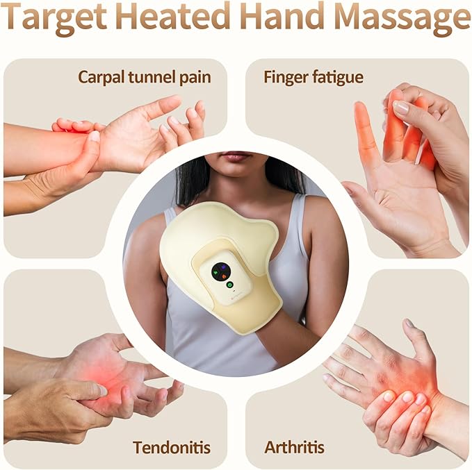 Comfytemp Hand Massager with Heat and Compression, Birthday Gift for Dad Mom Men Women, Portable Heated Glove for Fingers, Palm, Rechargeable Cordless Wrist Massage for Arthritis, Carpal Tunnel Relief