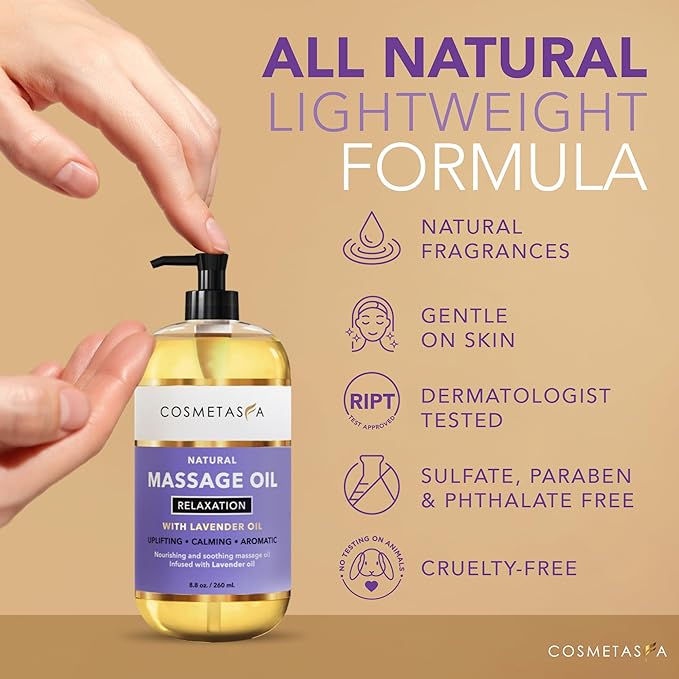 Cosmetasa Lavender Massage Oil for Massage Therapy with Hot Stones – Natural, Cruelty-Free & Spa Quality Skin Therapy Oil & Soothing Care – Lavender, Geranium & Grapeseed Oil (8.8 oz)