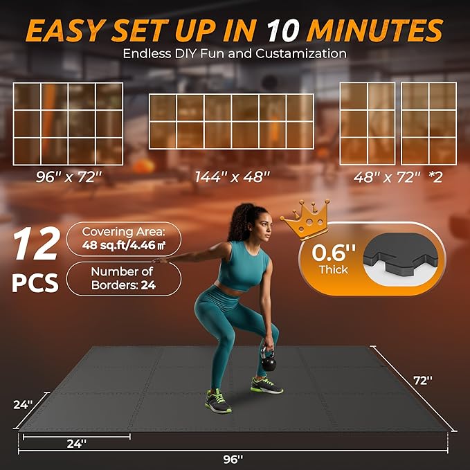 PRAISUN 0.6" Thicker Rubber Top Gym Flooring for Home Gym, 12 Pcs 48 Sq Ft Workout Mats, Exercise Mat, Interlocking Rubber Floor Mats with High Density EVA Foam for Garage, 24 x 24in, Black