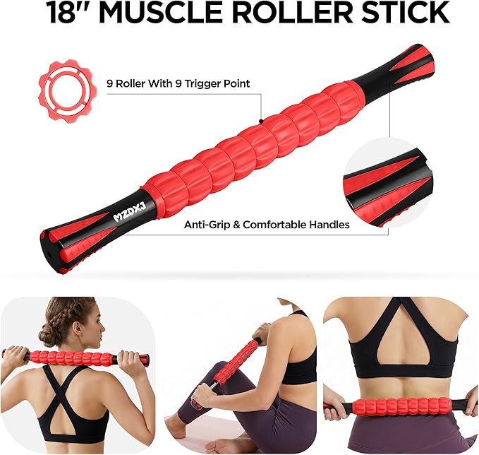 Muscle Roller & Massage Roller Stick for Athletes - Lymphatic Drainage Support, Relieves Muscle Soreness, Cramping & Tightness - Targets Legs, Arms, Back & Calves （Red - 18inch）