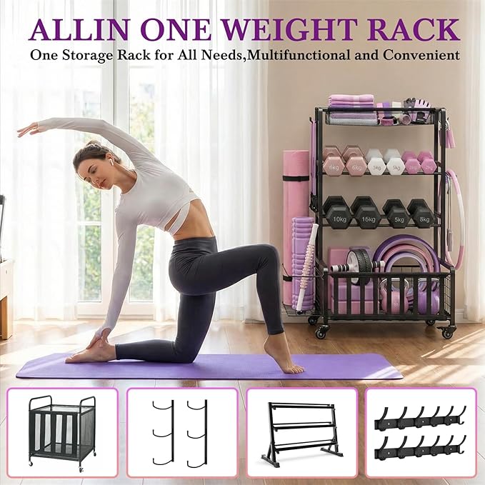 Dumbbell Rack, Adjustable Weight Rack for Home Gym, Heavy-Duty Workout Storage Organizer for Dumbbells Kettlebells Yoga Mat and Balls, Exercise Equipment Holder with Wheels & Hooks
