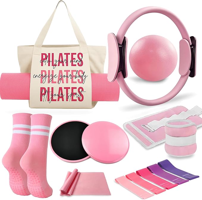 Pilates Essentials Kit for Women with Pilates Ring and Ball Set, Resistance Band Set, Yoga Mat Bag, Ankle Weights, Pilates Workout Sliders Disc, Yoga Socks, Pilates Equipment for Home Workouts