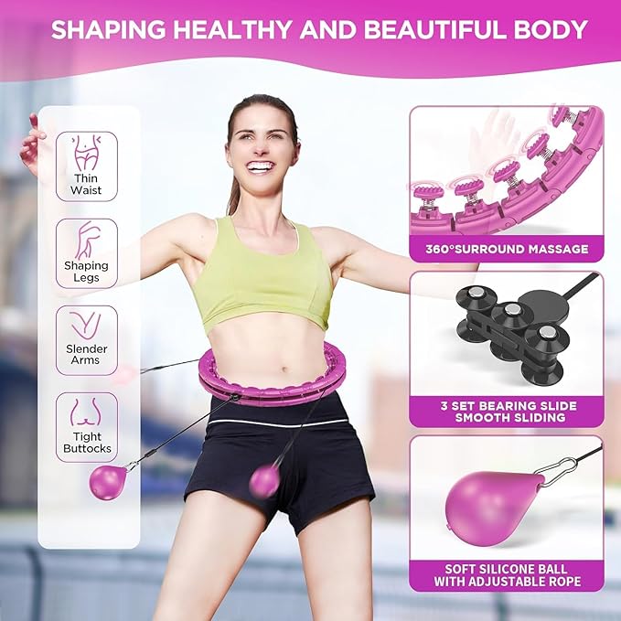 Weighted Exercise Hoop Plus Size 32 Detachable Knots, No Falling Smart Huula Hoop for Adults & Beginners, 2 in 1 Abdomen Fitness Massage with Auto Spinning Ball - Purple