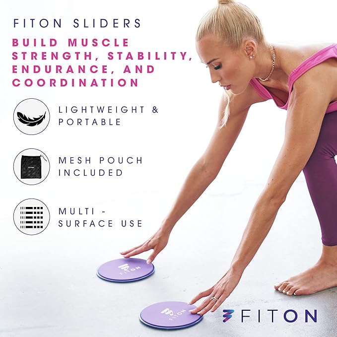 FitOn Core Sliders with Mesh Pouch – Dual-Sided Workout Sliders Disc for Foot Strength, Ab Exercise, Pilates Equipment, Glutes & Yoga – Home Fitness Workout Equipment for Carpet & Hard Floors – Purple
