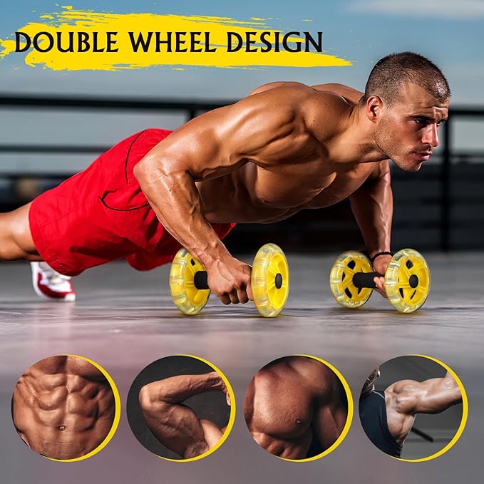 Kisangel Twin-wheel Ab Roller Fitness Device with Anti-slip Handles for Core Strengthening and Weight Loss, Yellow Abdominal Exercise Equipment for Home Workout and Muscle Toning