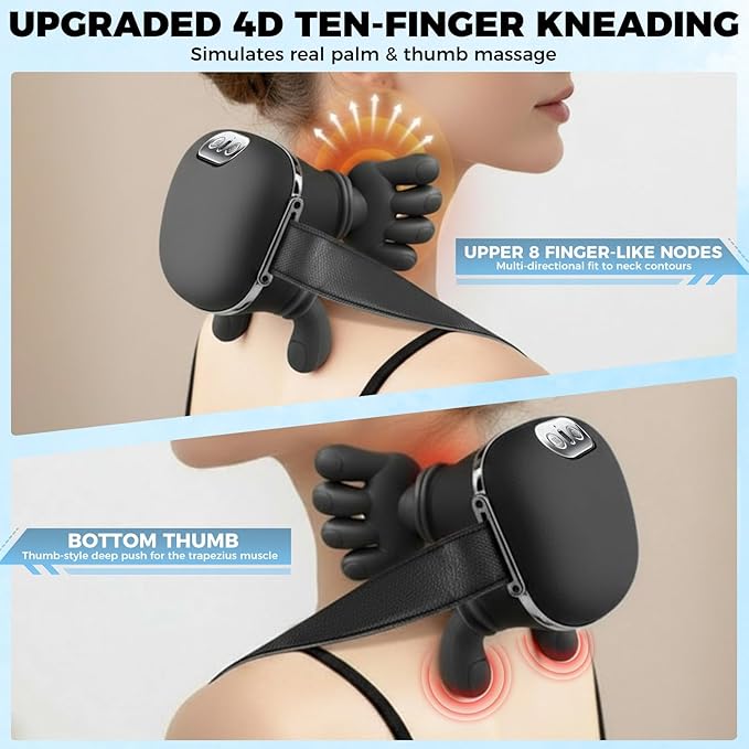 Shoulder & Neck Massager with Heat, 4D Bionic Heated Neck Massager with Fingers Simulates a Real Palm Massage for Comfort, 3 Intensity Levels + 2 Heat Settings Relax Muscle Tension