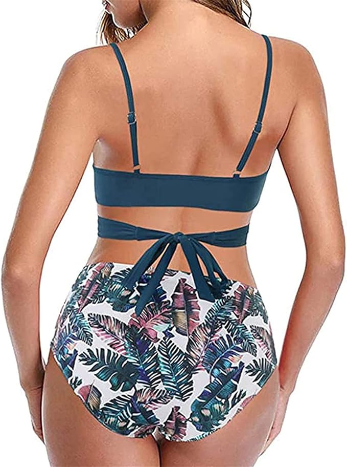 Womens Front Cross Ruched Bikini Set Twist Wrap Swimwear High Waisted Bottoms Print Straps Push Up Swimsuits