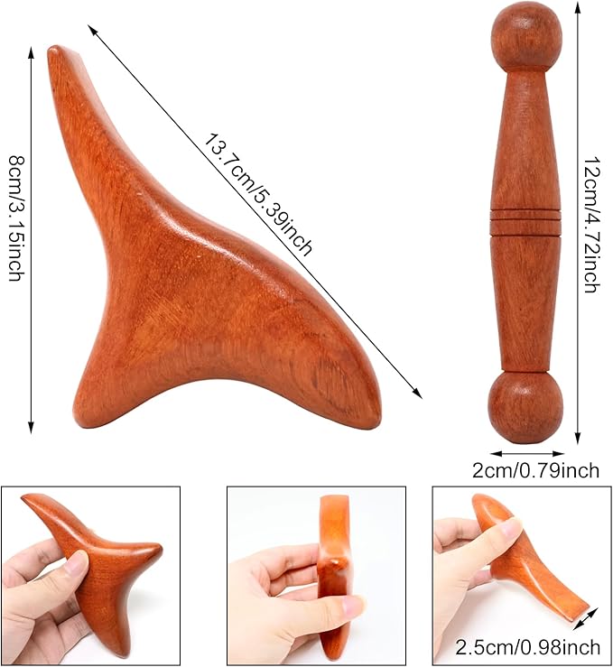 Honbay 2PCS Reflexology Tools Wood Body Massage Tools Triangle Massager Wooden Gua Sha Board Scraping Board Foot Massage Stick Tool Head Neck Hand Waist Calf Leg Foot Massager (Rosewood)