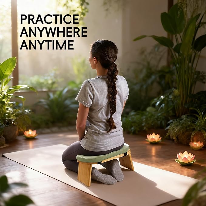 Natural Beech Wood Yoga Bench, Ergonomic Design for Kneeling, Meditation, Pilates, FSC Certified (Green)
