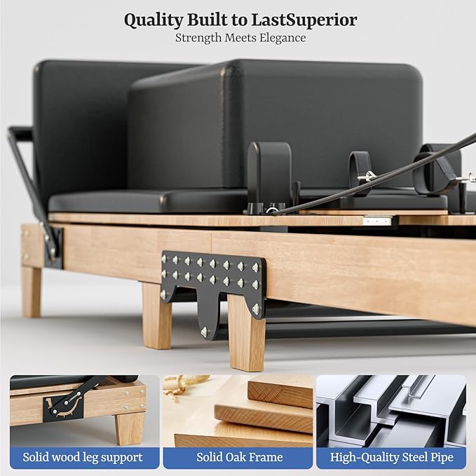 Pilates Reformer 92" Wooden Foldable Reformer Pilates Machine with Springs Pilates Equipment with Jump Board Box 6 Springs for Home Workouts Gym for All Level Users Up to 500 LBS