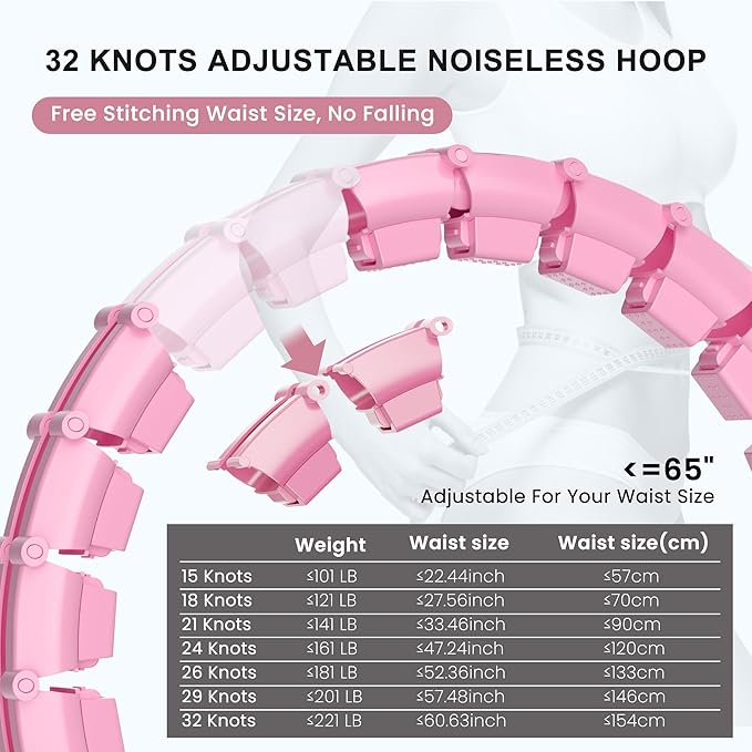 Plus Size Silent Weighted Hula Infinity Fitness Detachable Hoops 65-Inch 32 Knot, Smart Noiseless Infinity Hula for Women, 2-in-1 Waist and Abdominal Home Workout Equipment