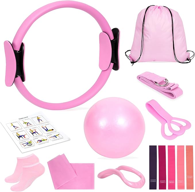 Home Pilates Essentials Kit for Women, Pilates Kit for Home Workouts, Pilates Equipment with Figure 8 Resistance Band, 14" Magic Circle, Yoga Ring, Pilates Accessories Set for Starter Workout