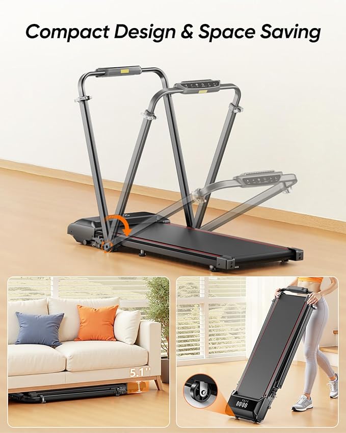 Walking Pad with 12% Incline & Height-Adjustable Handlebar, 5-in-1 Foldable Treadmill for Home & Office, Portable Under Desk Treadmill with LED Display & App Control