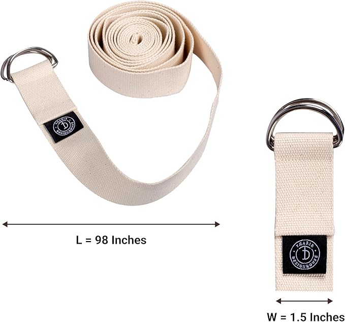 Tharie Organic Cotton Yoga Strap, GOTS Certified, Adjustable D-Ring, Soft & Durable Stretching Strap for Yoga, Pilates & Physical Therapy, 250 cm