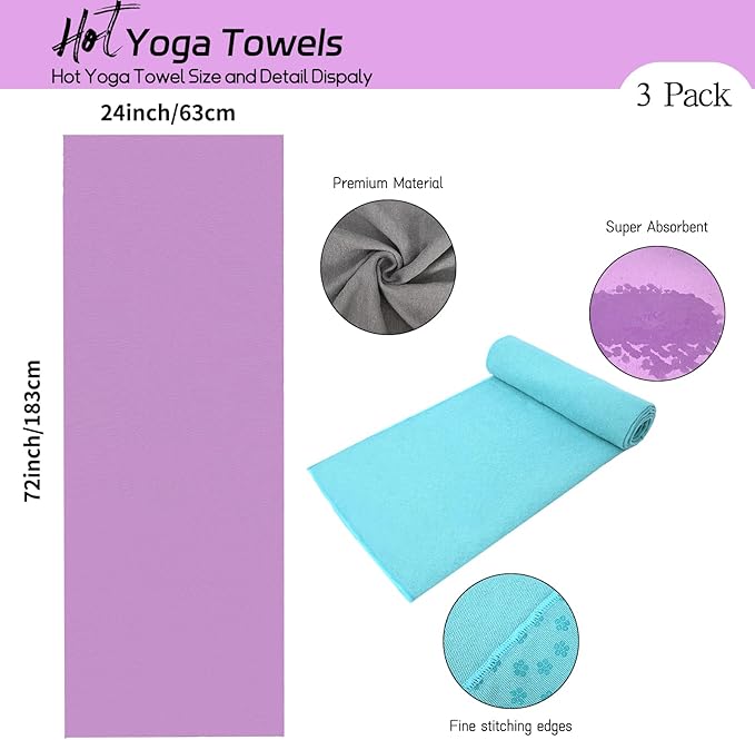 3 Pack Hot Yoga Towels with Plum Blossom Dots, Non-Slip Yoga Mat Towel, Super-Absorbent Soft Suede Microfiber Towel for Hot Yoga, Pilates, Bikram and Exercise Workout(24" x72",1Lavender,1 Grey&1 Blue)