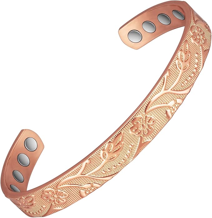 Copper Bracelet for Women, 6.5inch Pure Copper Flower Adjustable Bracelet with Magnets, Copper Jewelry Present（1042）