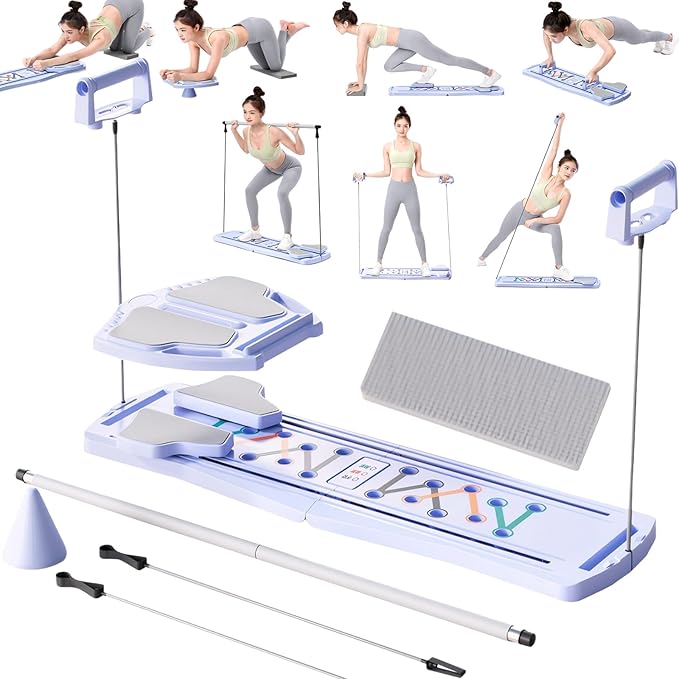 Pilates Board for Home Workout with Mat, Bar, Slider and Resistance Bands, Foldable Portable Pilates Reformer Machine Kit for Women, Multifunctional Pilates Equipment for Gym Office Exercise