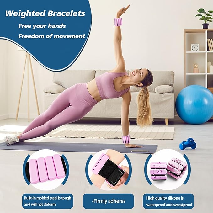 Wrist and Ankle Weights for Women & Men 2 Pack (1lb Each), Adjustable Silicone Wearable Arm & Leg Weights for Pilates, Gym, Yoga, Cardio, Strength Training