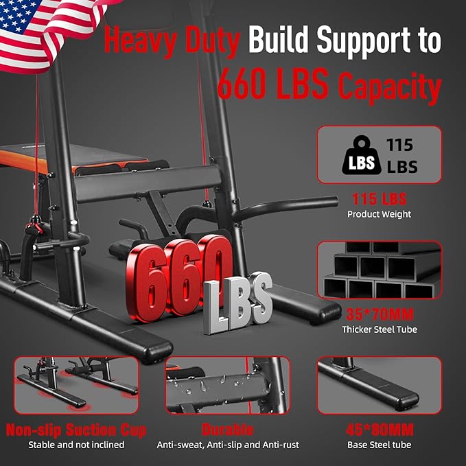 HARISON Multifunction Power Tower with Bench, Heavy Duty Pull Up Bar Dip Station for Home Gym Workout Strength Training Fitness Equipment