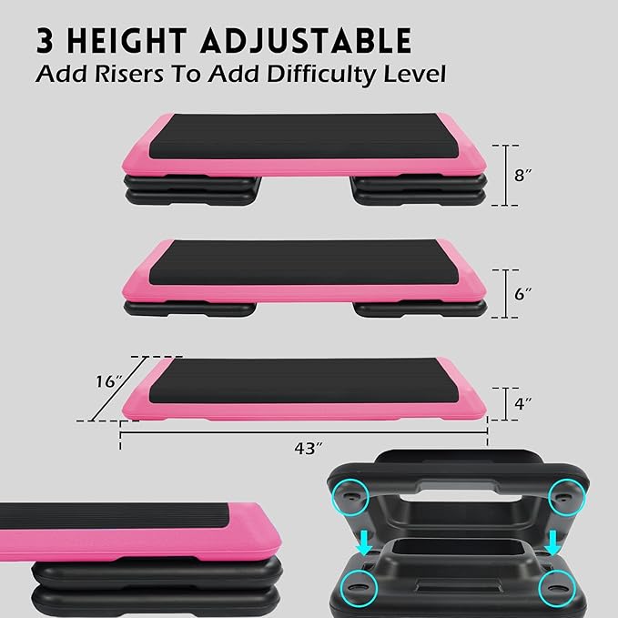 Step Aerobic Platform, Exercise Step with levels Adjustable Height, Stackable Risers, Fitness Training Workout Stepper for Home Gym, Cardio Strength, Multiple Size & Color