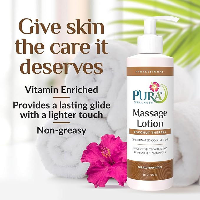 Coconut Therapy 8 Fl oz Massage Lotion, Coconut Oil, Professional, Massage Therapy, Deep Tissue, Unscented, Natural Ingredients, Skin Hydrating, Moisturizing, Muscle Relief, for Bruising