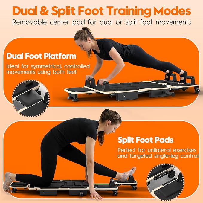Pilates Board Reformer for Home Workout, 5-in-1 Pilates Equipment with Dual & Split Foot Pads, Smooth Sliding Rail System, Adjustable Headrest for 110–190cm, Core & Full-Body Training