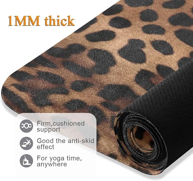 Leopard Print Yoga Mat Non Slip Natural Rubber Fitness Exercise Mat for Home Workout Gym Stretching Pilates Mats with Carrying Bag 71" x 26"