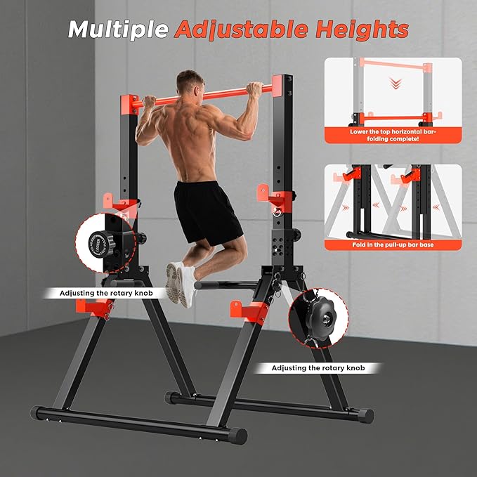 DlandHome Foldable Power Tower Pull Up Bar Dip Station, Adjustable Height Multifunction Workout Pull Up Tower Station for Home Gym, Strength Training Equipment, Triangular Legs, Up to 330lbs