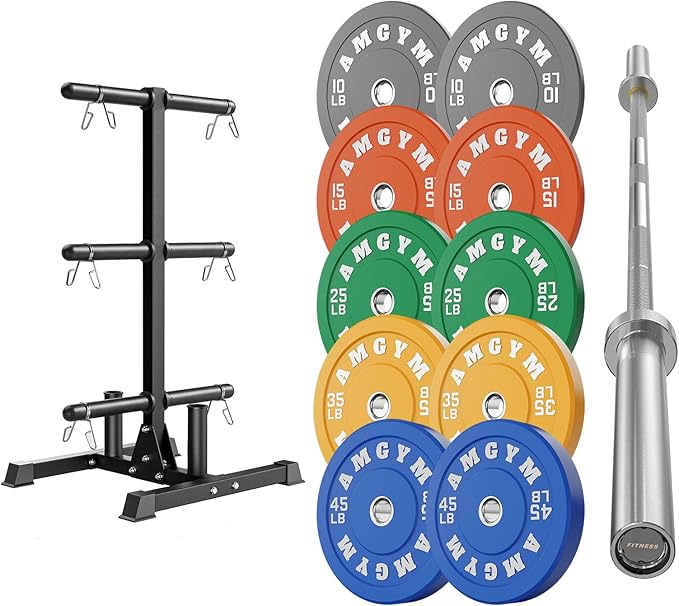 Weight Plate Tree Rack & Weight Set, Strength Training Plate Storage Stand and Barbell Holders for Home Gym, 1100 lb Weight Capacity, Fits Both 1" and 2" Bumper Plates