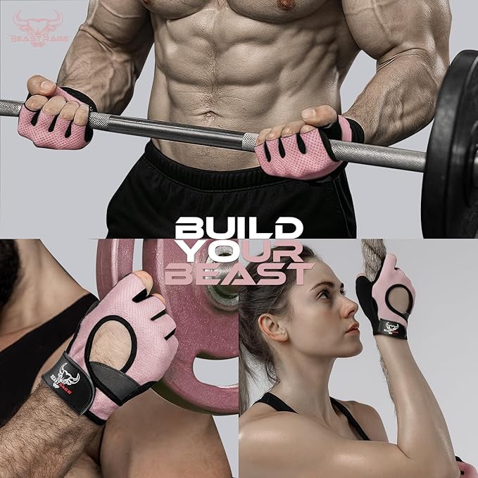 BEAST RAGE Fingerless Weight Lifting Gloves with Palm Protection Padding, Breathable Lightweight Gym Gloves for Men, Women, Weightlifting, Cycling, Exercise, Training Pull Up