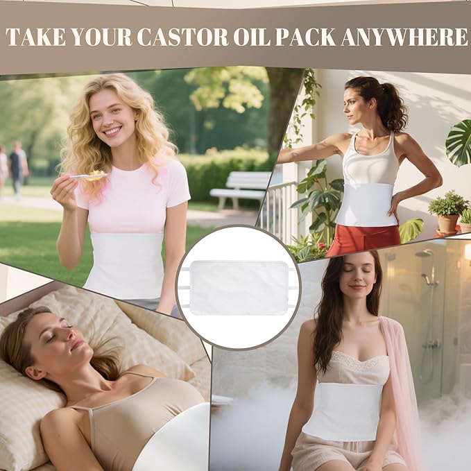 Castor Oil Pack Wrap with Straps (3 Pcs Set) – 1 Reusable Organic Cotton Castor Oil Wrap + 2 Cotton Flannels, Mess-Free Cotton Flannel Pads for Abdomen, Breast & Joints (Oil Not Included)
