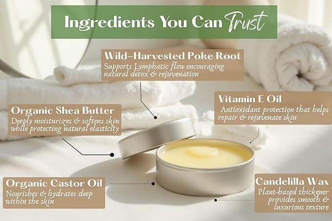Poke Root & Castor Oil Salve - Cysts, Boils, Fibroids, Swollen Lymph Nodes, Breast & Joint - Vegan Lymphatic Support Massage Balm - Natural Deep Tissue Ointment (2oz)