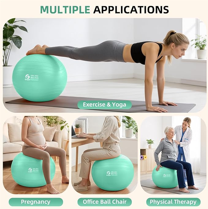 Gruper Yoga Ball, Extra Thick Non Slip Exercise Ball for Workout, Birthing, Balance, Stability, Pregnancy, 4 Sizes Anti Burst Chair for Home and Office, Includes Quick Pump & Fitness Guide