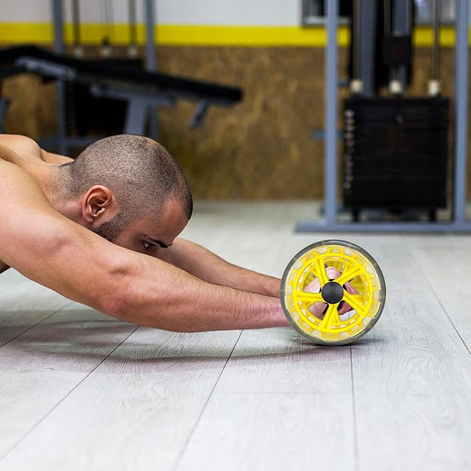 Fitness Wheel Twin-wheel Ab Roller with Wide Grip for Core Strengthening, Yellow Fitness Exercise Device for Home Gym and Weight Loss